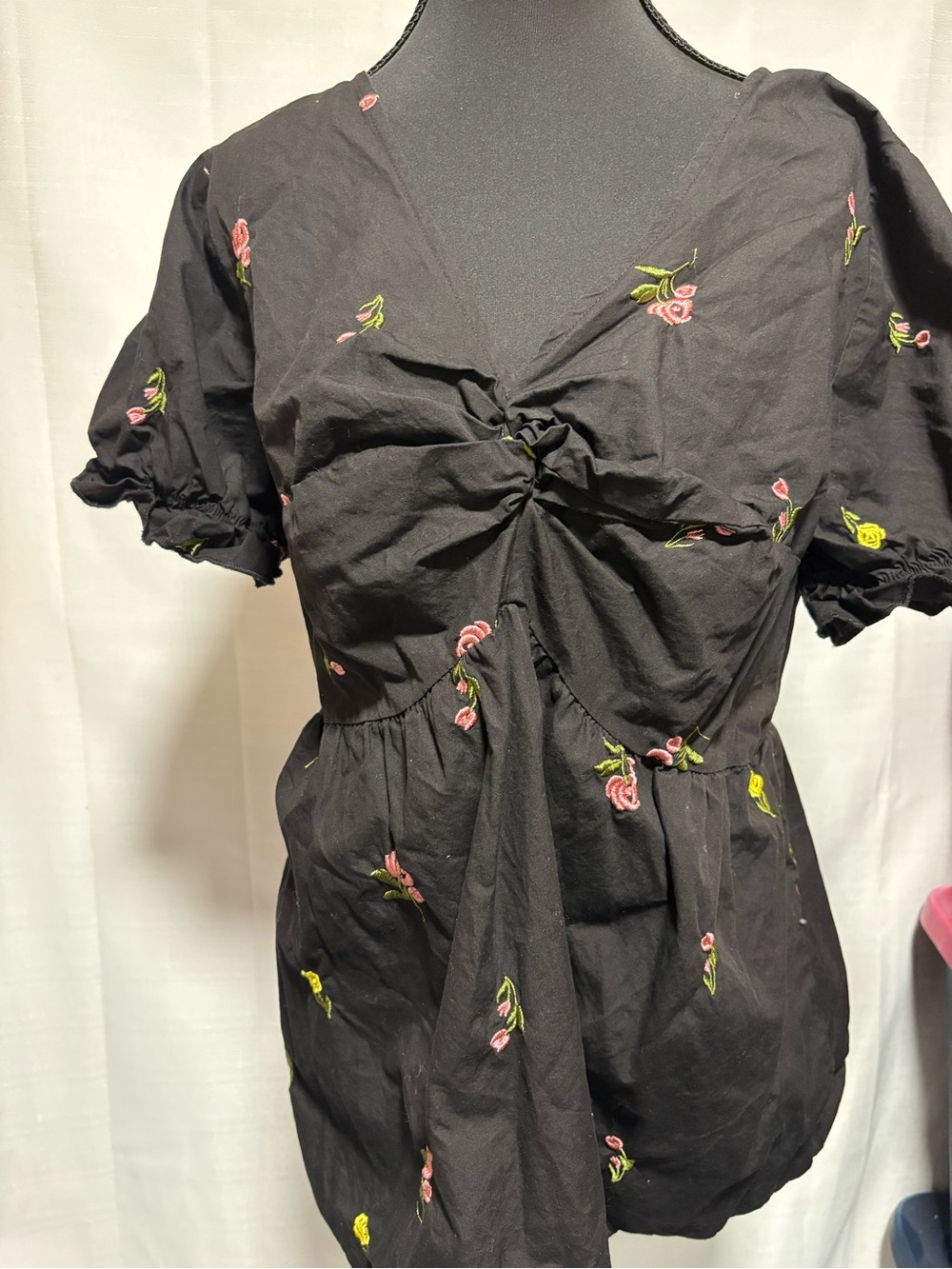 Women’s Black Floral Tie-Front Top - Pink & Yellow Rose Slenderizing!Embroidery! - Picture 6 of 14
